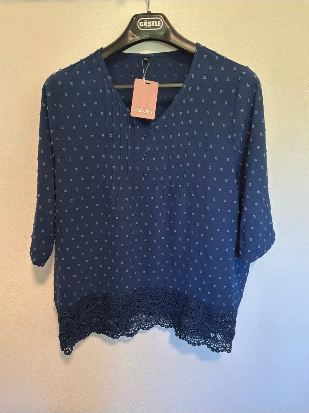 Yesfashion 3/4 Sleeve Blue Shirt With Lace Trim Women’s 2XL
